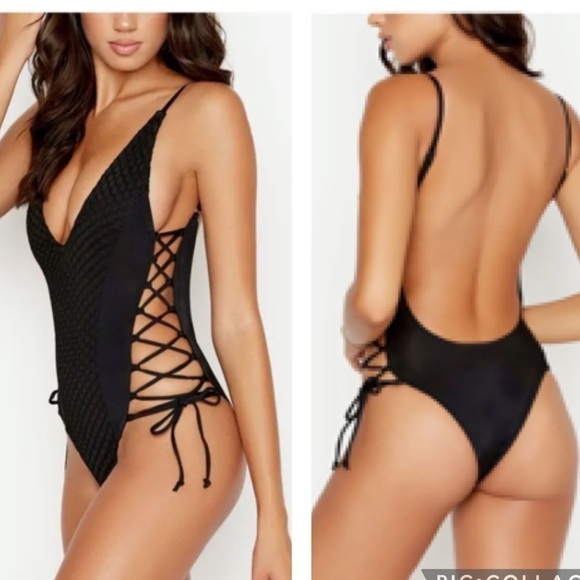 Ris-K Swim Other - RIS-K Women's Black Tie-Up Sides Open Back Expedition One Piece Swimsuit
